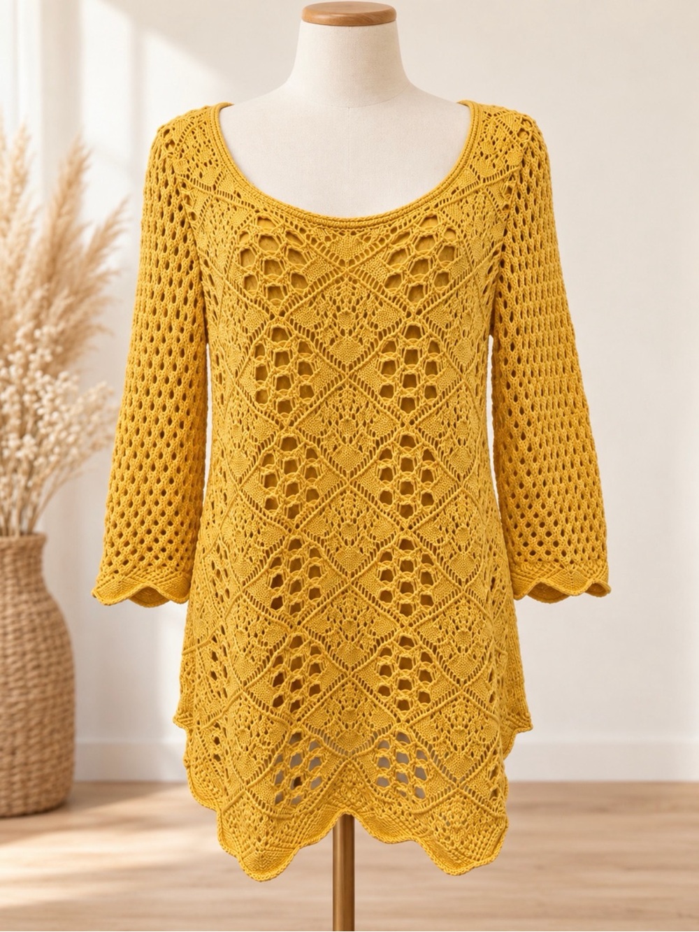 Mustard Yellow Crochet Knit Tunic cotton sweater size medium